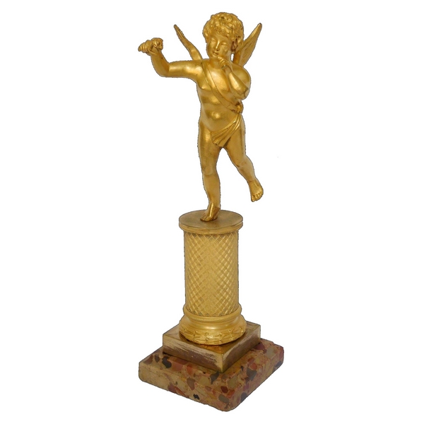 Amour en bronze doré au mercure, socle marbre brèche d'Alep, époque Restauration