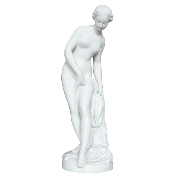 Tall porcelain biscuit statue, The Bather, after Falconet - 67cm