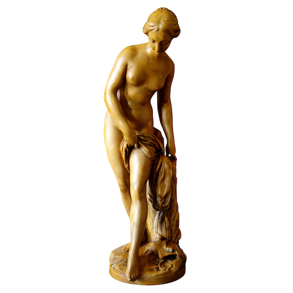 Tall plaster statue, terracotta style patina : the bather after Falconet work - 81cm