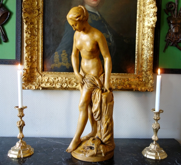 Tall plaster statue, terracotta style patina : the bather after Falconet work - 81cm