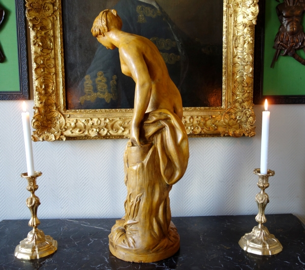 Tall plaster statue, terracotta style patina : the bather after Falconet work - 81cm