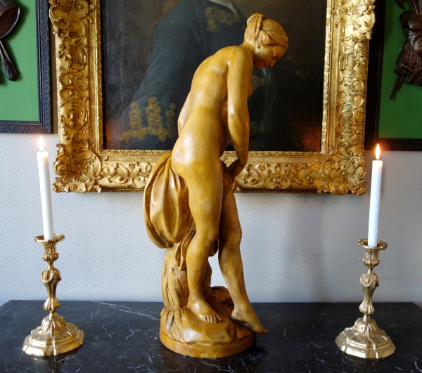 Tall plaster statue, terracotta style patina : the bather after Falconet work - 81cm