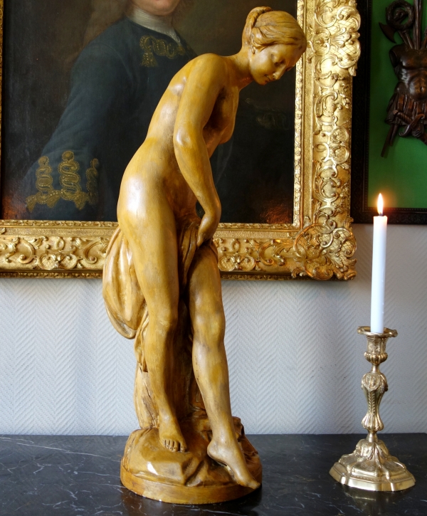 Tall plaster statue, terracotta style patina : the bather after Falconet work - 81cm