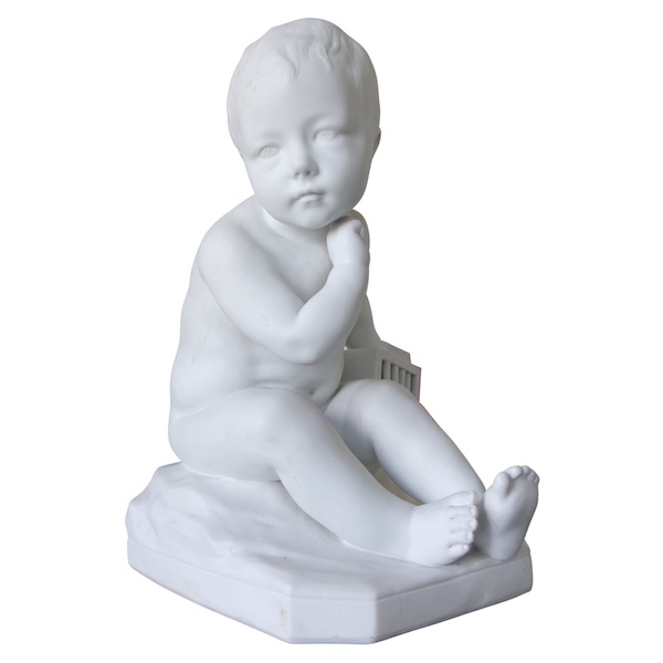 Tall porcelain biscuit : child with a cage after Jean Baptiste Pigalle - 36cm