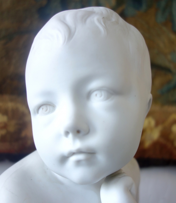 Tall porcelain biscuit : child with a cage after Jean Baptiste Pigalle - 36cm