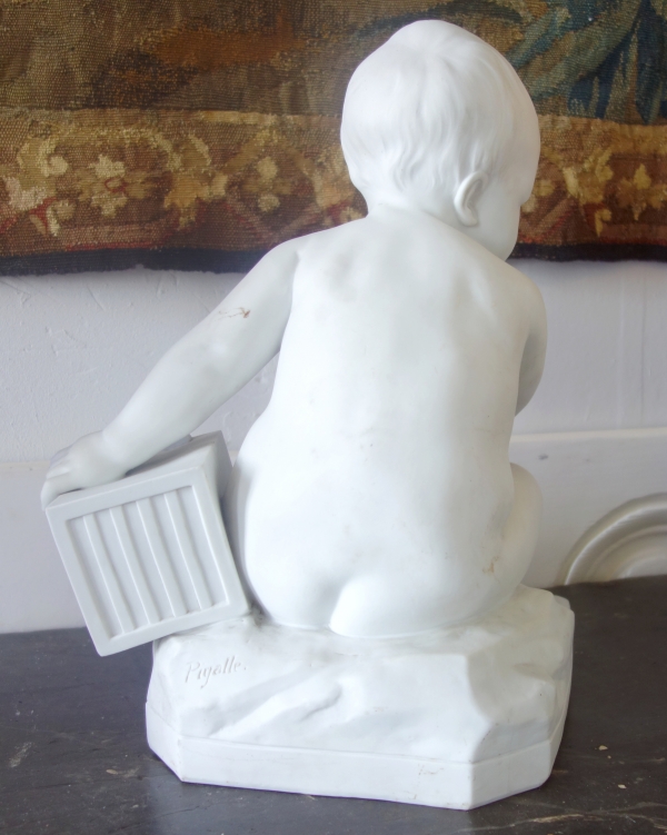 Tall porcelain biscuit : child with a cage after Jean Baptiste Pigalle - 36cm