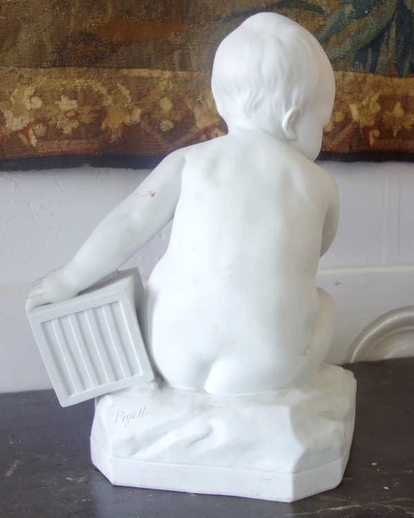 Tall porcelain biscuit : child with a cage after Jean Baptiste Pigalle - 36cm