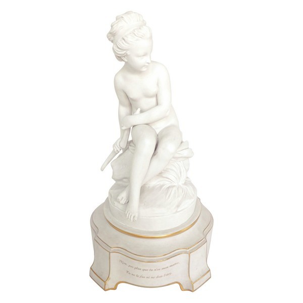 Sèvres : petite fille cachant l'arc de l'amour, biscuit de porcelaine d'après Falconet - signé, 1899