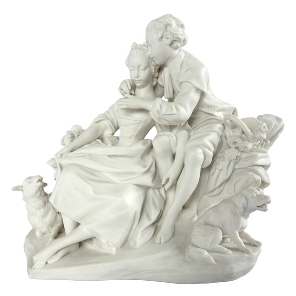 Sèvres : scène galante du XVIIIe siècle - la leçon de flûte, groupe en biscuit - signé