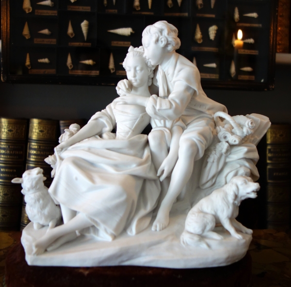 Sèvres : scène galante du XVIIIe siècle - la leçon de flûte, groupe en biscuit - signé