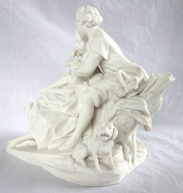 Sèvres : scène galante du XVIIIe siècle - la leçon de flûte, groupe en biscuit - signé