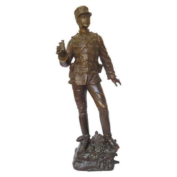 Charles Anfrie : tall Hussar officer bronze statue - 64 cm