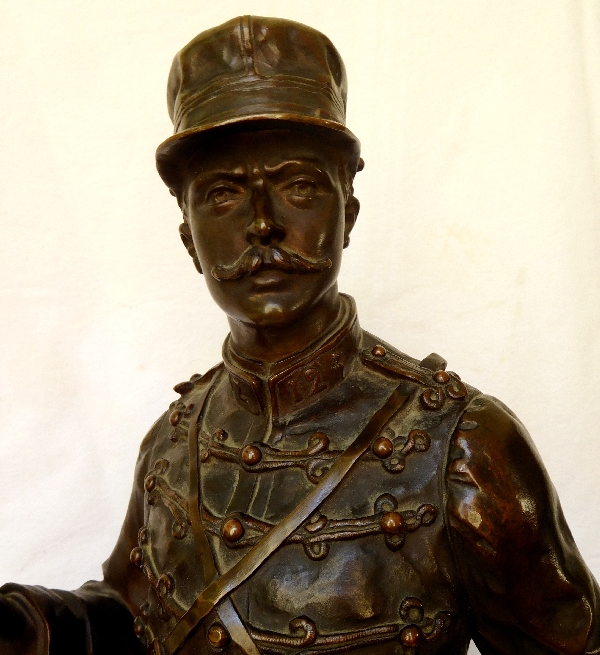 Charles Anfrie : tall Hussar officer bronze statue - 64 cm