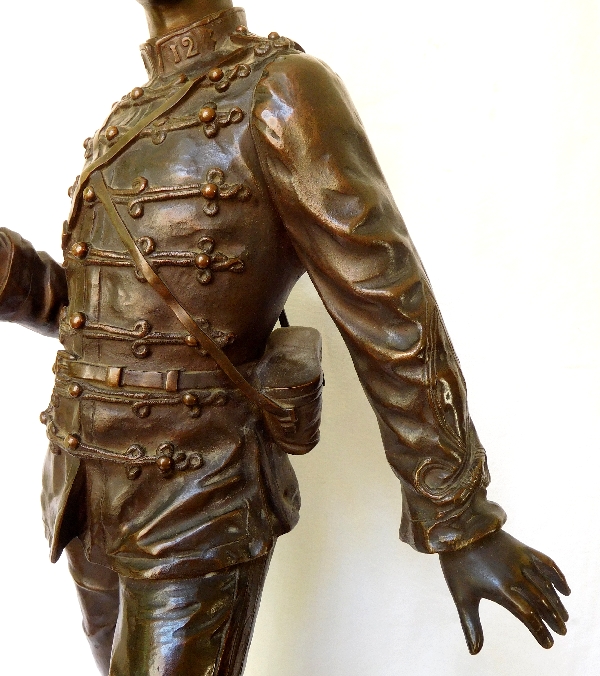 Charles Anfrie : tall Hussar officer bronze statue - 64 cm