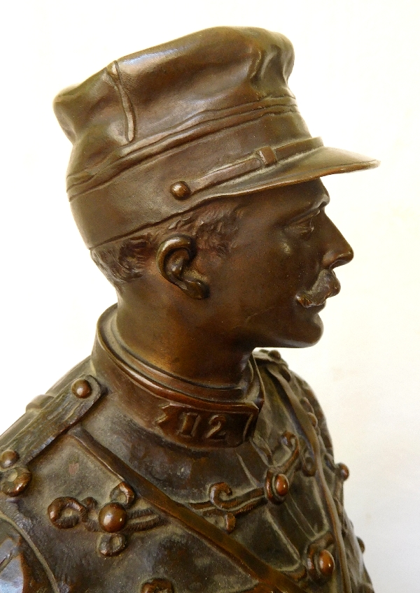 Charles Anfrie : tall Hussar officer bronze statue - 64 cm