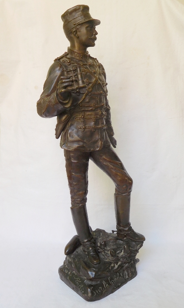 Charles Anfrie : tall Hussar officer bronze statue - 64 cm