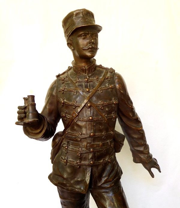 Charles Anfrie : tall Hussar officer bronze statue - 64 cm