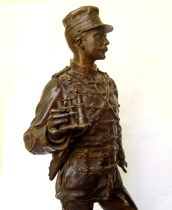 Charles Anfrie : tall Hussar officer bronze statue - 64 cm