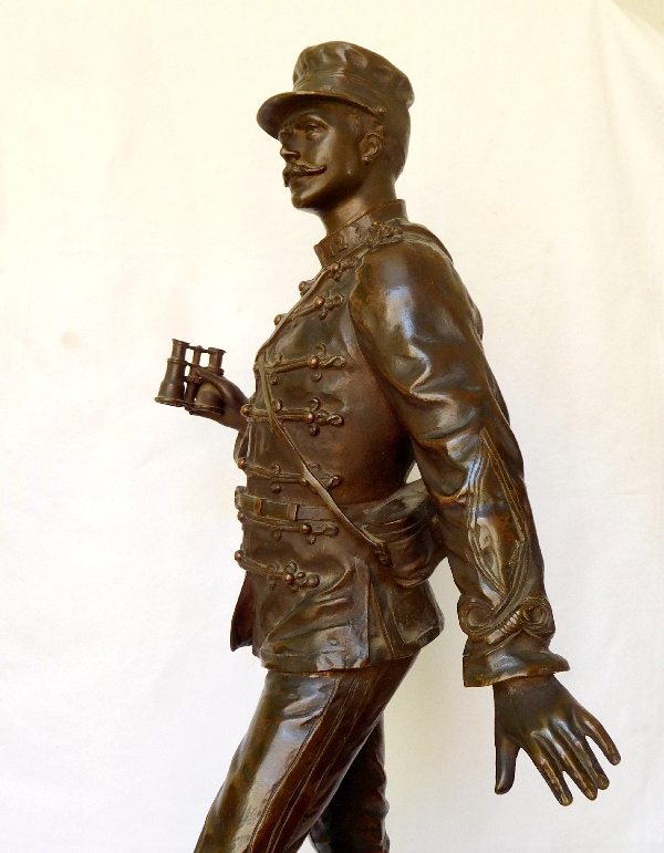 Charles Anfrie : tall Hussar officer bronze statue - 64 cm