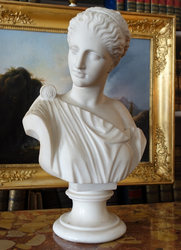 Neoclassical sculpted Carrara marble bust : woman dressed in the antique way - 47.5cm