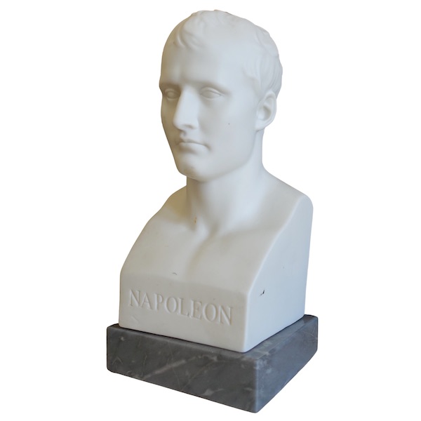 Bust of Napoleon Emperor as Hermes after Chaudet, porcelain biscuit on a Turquin blue marble base