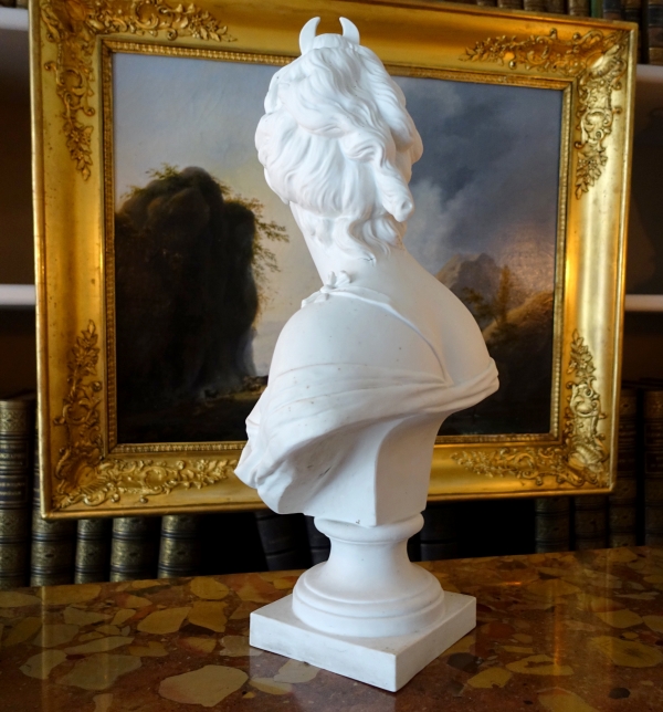 Tall goddess Diana biscuit bust after Houdon, neoclassical decoration