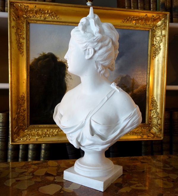 Tall goddess Diana biscuit bust after Houdon, neoclassical decoration