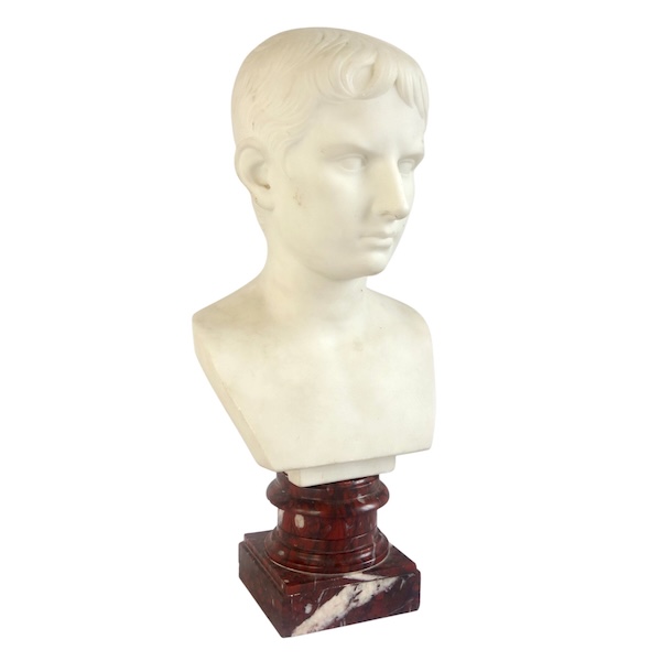 Buste à l'antique de l'empereur Auguste, marbre blanc et griotte - souvenir du grand tour XIXe