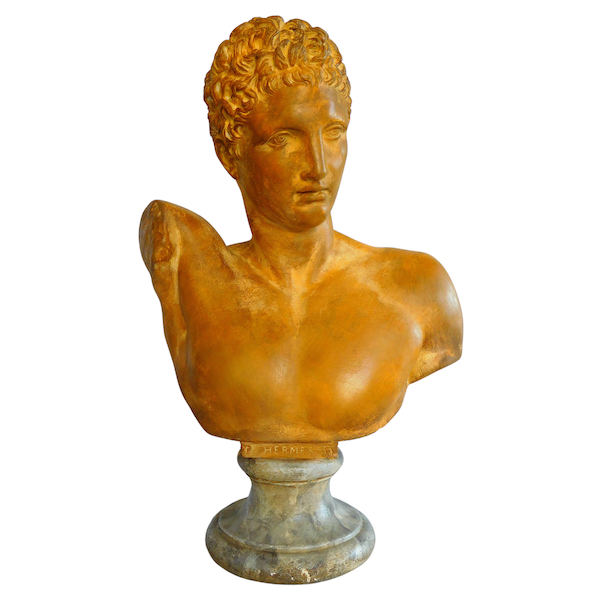 Tall antique-style bust featuring Hermes after sculptor Praxitele, patinated gypsum cast - 51cm