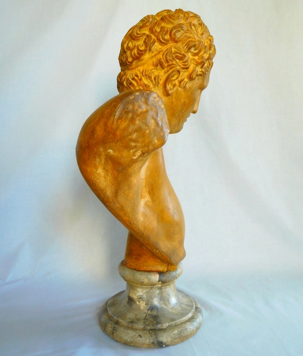 Tall antique-style bust featuring Hermes after sculptor Praxitele, patinated gypsum cast - 51cm