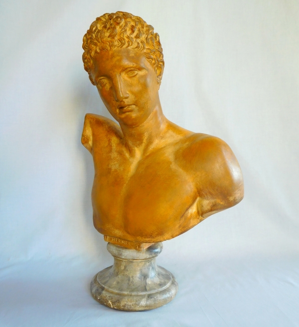 Tall antique-style bust featuring Hermes after sculptor Praxitele, patinated gypsum cast - 51cm