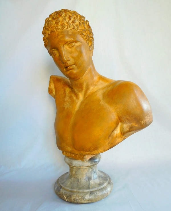 Tall antique-style bust featuring Hermes after sculptor Praxitele, patinated gypsum cast - 51cm