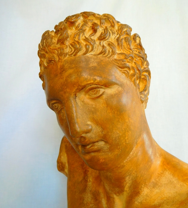 Tall antique-style bust featuring Hermes after sculptor Praxitele, patinated gypsum cast - 51cm