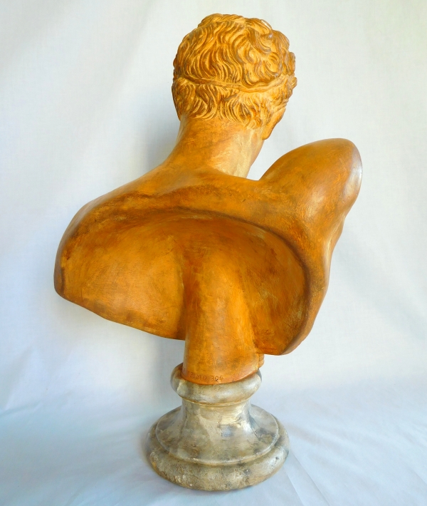 Tall antique-style bust featuring Hermes after sculptor Praxitele, patinated gypsum cast - 51cm