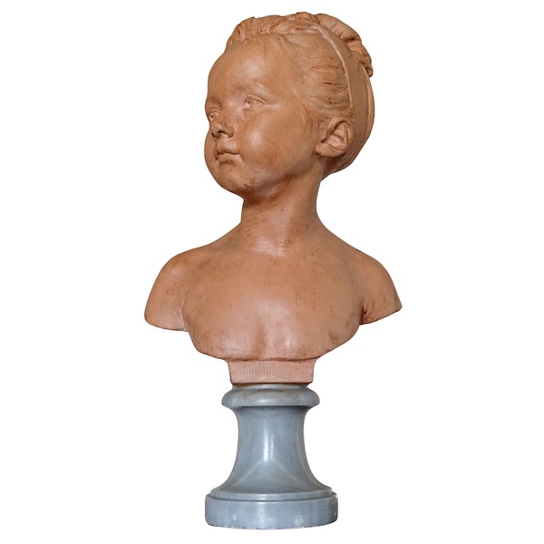 Bust of Louise Brongniart after Houdon, terra cotta, blue marble base - late 19th century - 45cm