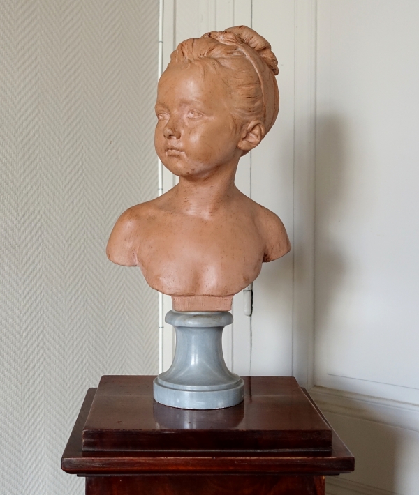 Bust of Louise Brongniart after Houdon, terra cotta, blue marble base - late 19th century - 45cm