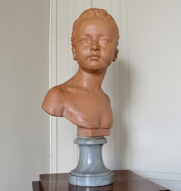 Bust of Louise Brongniart after Houdon, terra cotta, blue marble base - late 19th century - 45cm