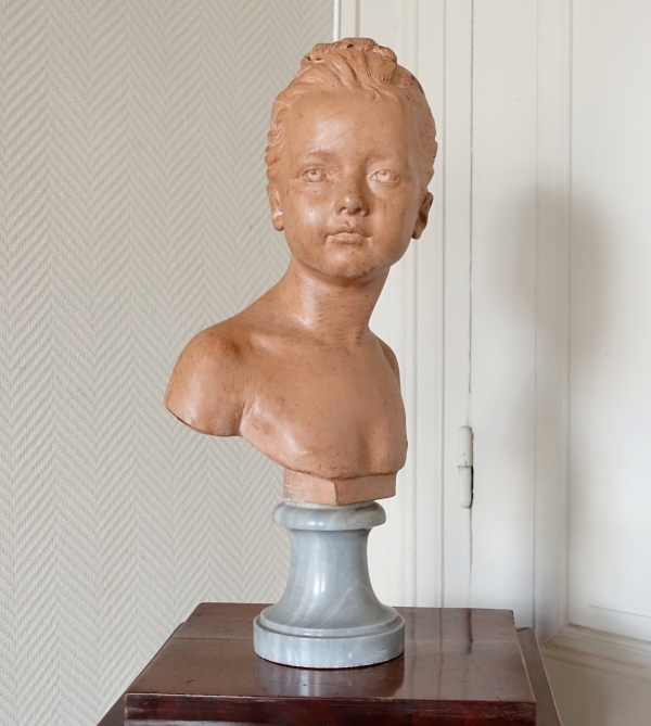 Bust of Louise Brongniart after Houdon, terra cotta, blue marble base - late 19th century - 45cm