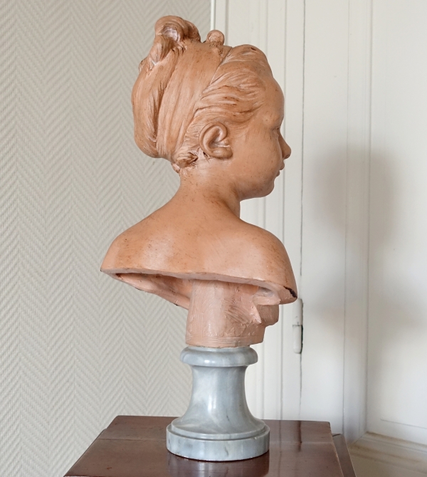 Bust of Louise Brongniart after Houdon, terra cotta, blue marble base - late 19th century - 45cm