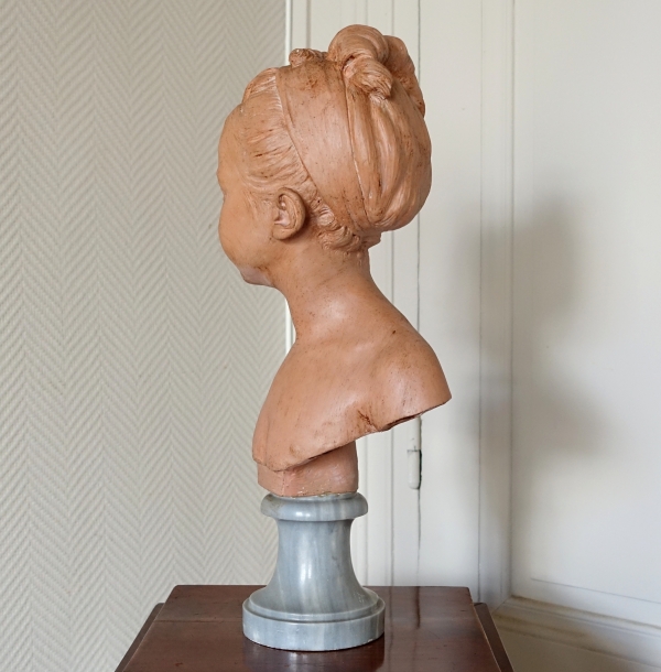 Buste de Louise Brongniart d'après Houdon, terre cuite et marbre Turquin, Fin XIXe - 45cm