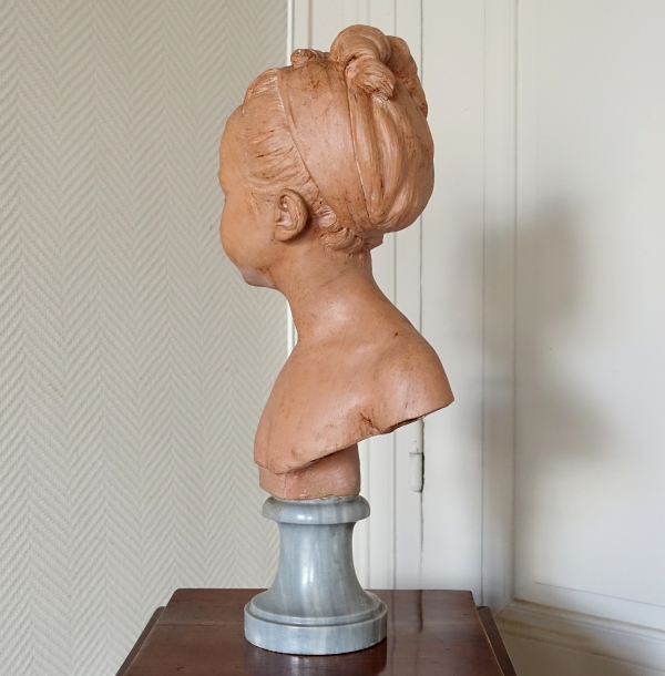 Bust of Louise Brongniart after Houdon, terra cotta, blue marble base - late 19th century - 45cm