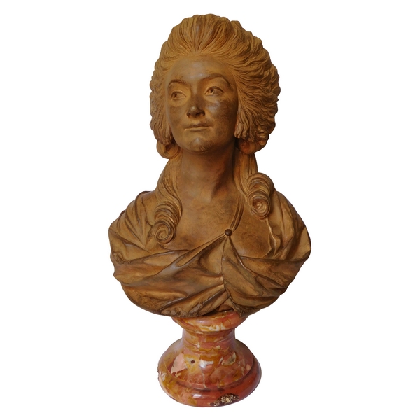 Terracotta bust of an aristocrat on a marble base, 18th century style, 19th century production