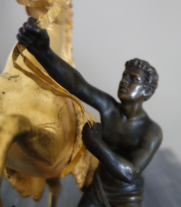 Cheval de Marly groupe en bronze patiné et doré au mercure d'après Coustou début XIXe siècle