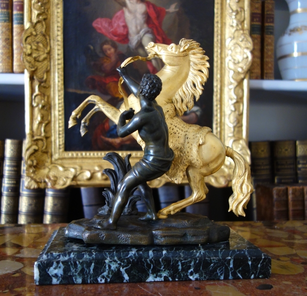 Cheval de Marly groupe en bronze patiné et doré au mercure d'après Coustou début XIXe siècle