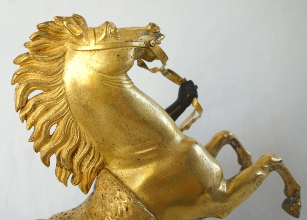 Cheval de Marly groupe en bronze patiné et doré au mercure d'après Coustou début XIXe siècle