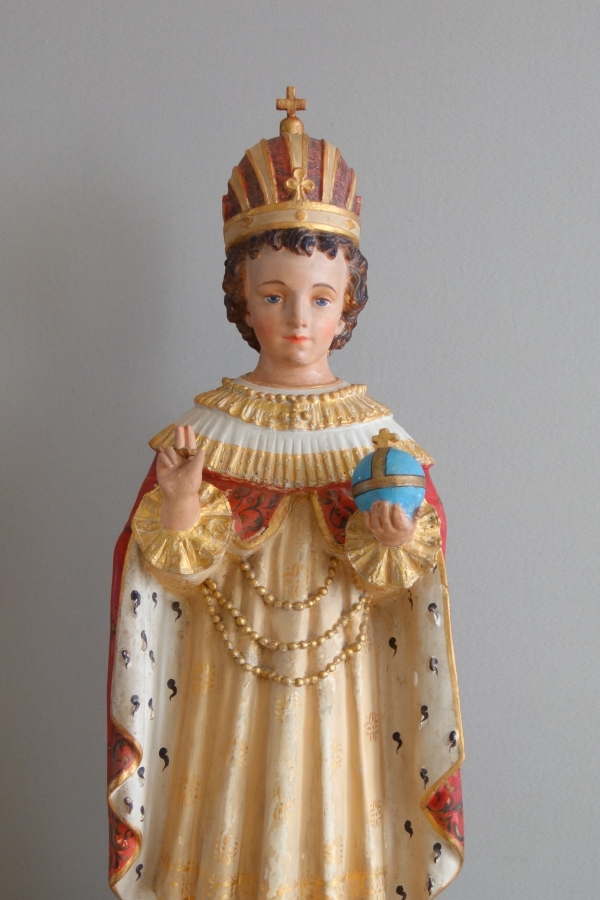 Tall devotion polychromatic plaster statue : Infant Jesus of Prague - 19th century