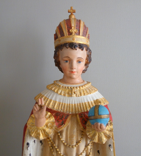 Tall devotion polychromatic plaster statue : Infant Jesus of Prague - 19th century