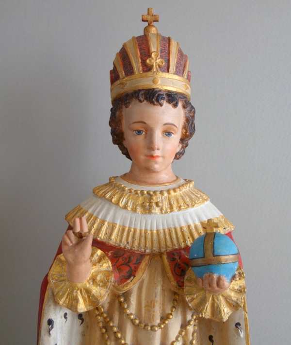 Tall devotion polychromatic plaster statue : Infant Jesus of Prague - 19th century