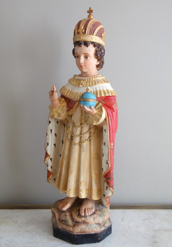 Tall devotion polychromatic plaster statue : Infant Jesus of Prague - 19th century