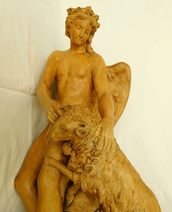 Tall allegorical terracotta sculpture : spring genie after late 18th century Martin Claude Monot 